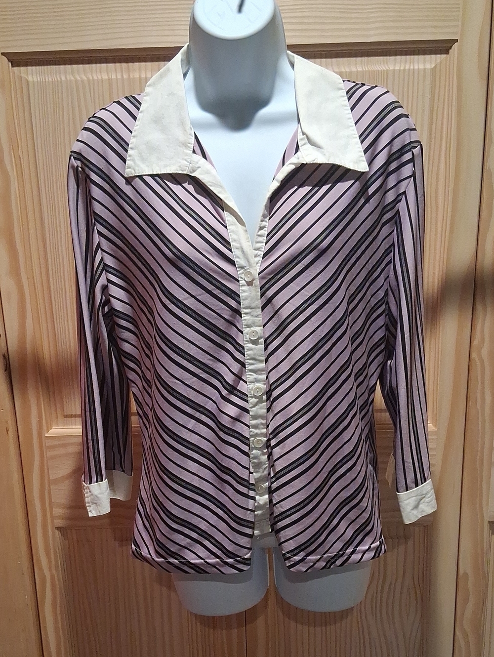 Fashion Bug Purple and Black Striped Button-Down Shirt with Cream Trim Size L